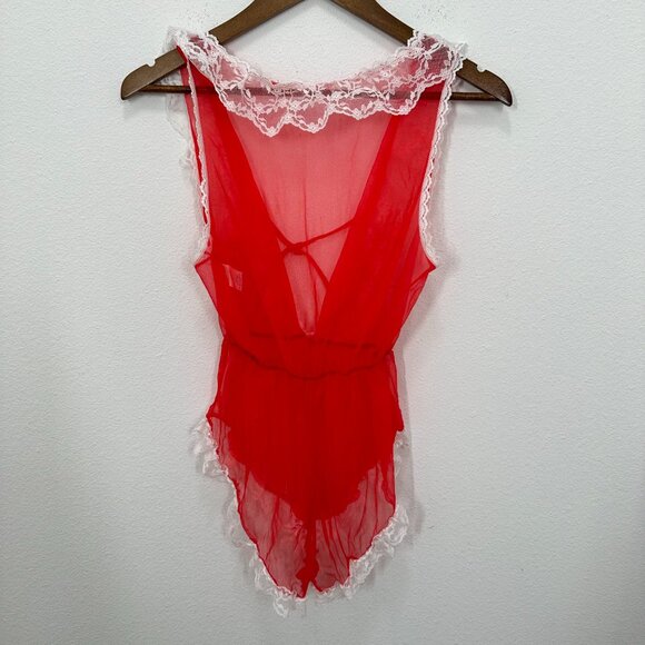 Vintage 70s Teddy Red Lace Ruffle Vixen Deep V Sexy Romper Lingerie Pinup Size M - Picture 2 of 4